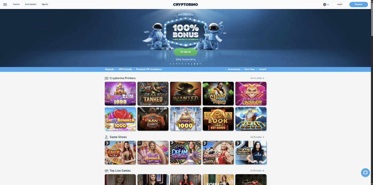 3. Cryptorino – greitas kripto kazino su 6,000+ žaidimų ir 1 BTC premija