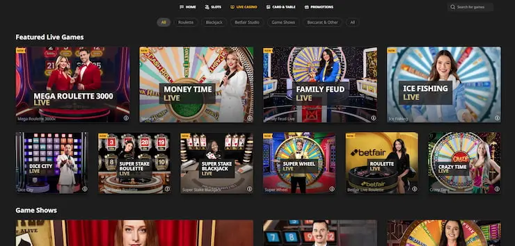 A screenshot of the live casino category at Betfair, showing featured live games.