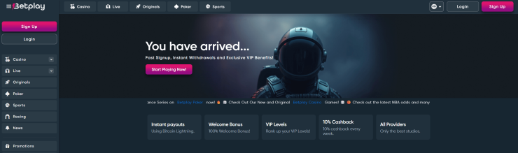 Betplay frontpage with USP's displayed. Instant payouts, welcome bonus, cashback and more