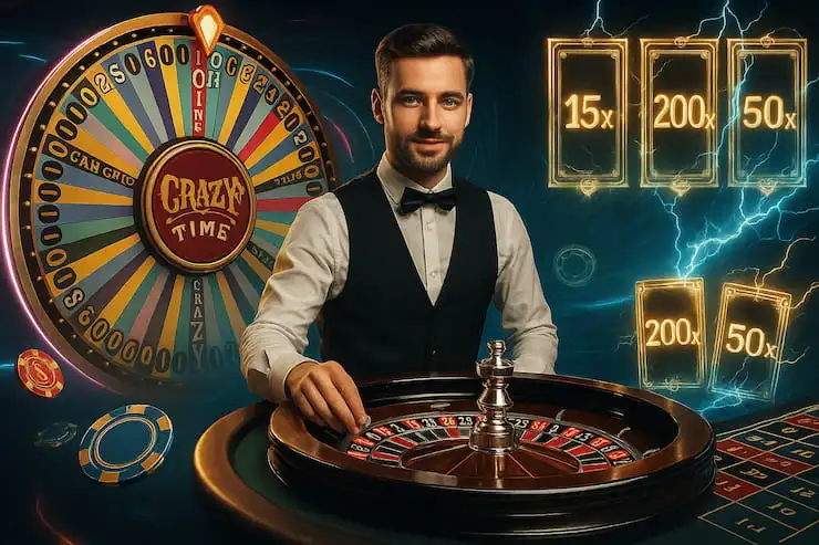 A modern illustration of a live casino dealer with various elements from popular live games, including roulette, Crazy Time, and Lightning Blackjack from Evolution Gaming.