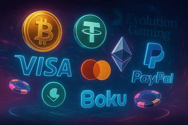 A graphic showing different payment methods typically available at non-GamStop casinos, including Visa, PayPal, Boku, and cryptocurrency coins.