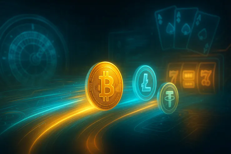 An illustration showing flying cryptocurrency coins in an online casino setting, indicating fast payouts.