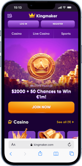 mobile screenshot of the kingmaker casino home page