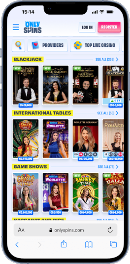 mobile screenshot of the online blackjack Australia live dealer tables at OnlySpins