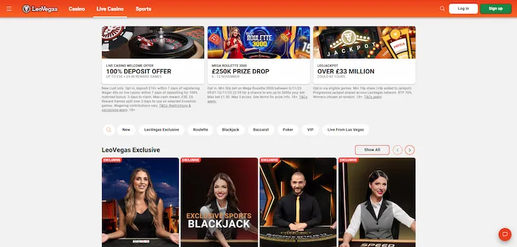 A screenshot from LeoVegas's live casino, showing the current welcome bonus and other offers at the top, and selected exclusive tables.