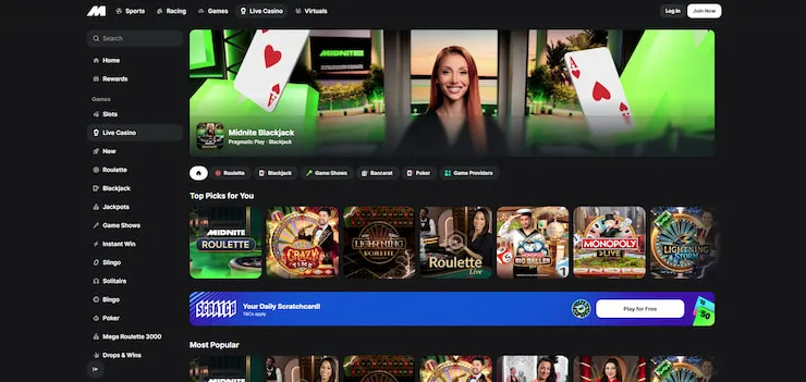 A look at the live casino platform at Midnite Casino, a modern Evolution Gaming not on GamStop site.