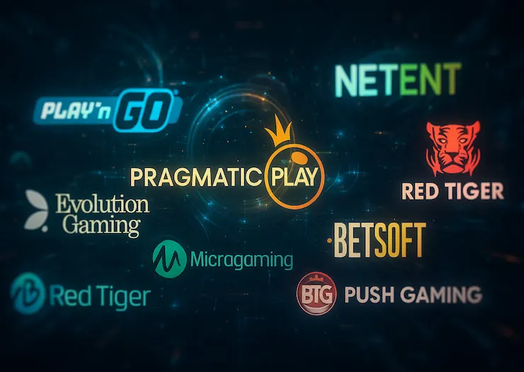 A graphic showing various logos of top software providers whose games can be played at the best non-GamStop casinos UK.
