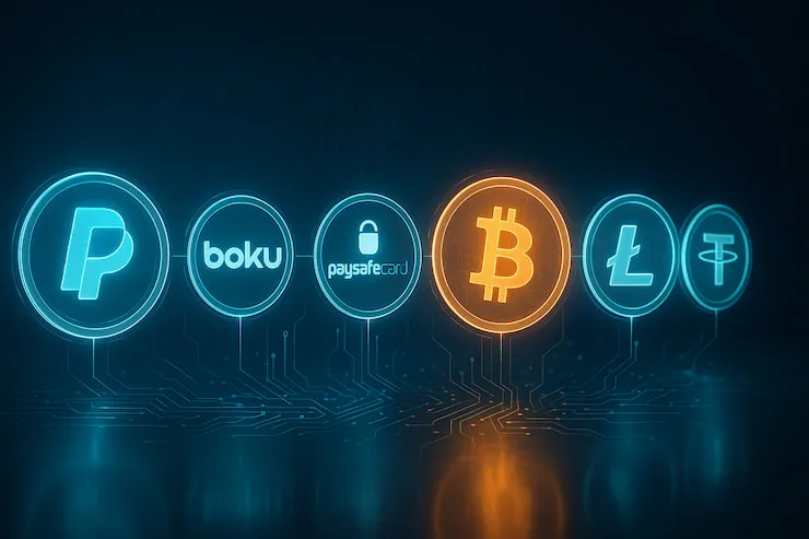 A digital illustration showing various payment method logos, including PayPal and Bitcoin, which can be used at casinos not on GamStop.