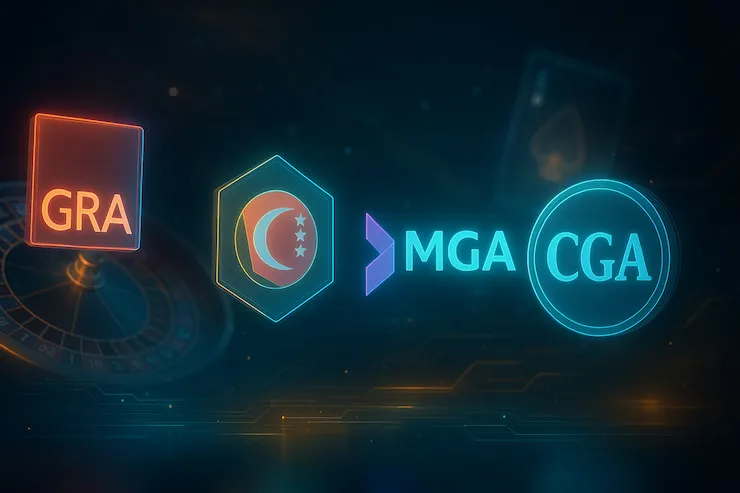 A digital illustration showing the logos of GRA, Anjouan, MGA, and CGA gambling license regulators.