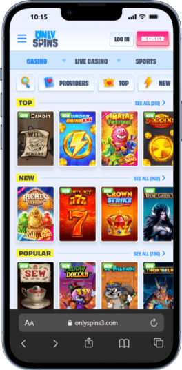 A mobile screenshot showing the slots page at Gigadat casino - Only Spins