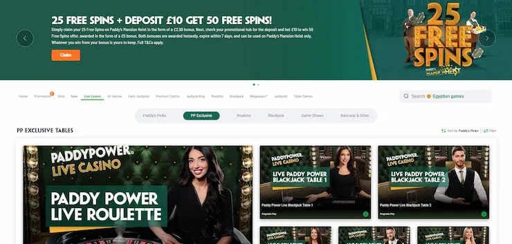 A screenshot of PaddyPower's live casino, showing PP Exclusive tables.