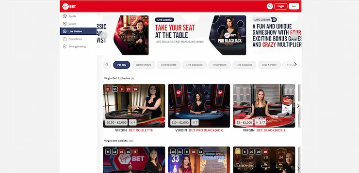 A snapshot of the Evolution Gaming tables and exclusive tables at Virgin Bet Casino.