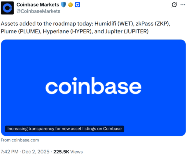 Coinbase's X post about its roadmap update.