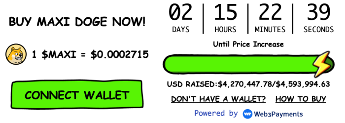 Maxi doge website widget showing current presale raise.