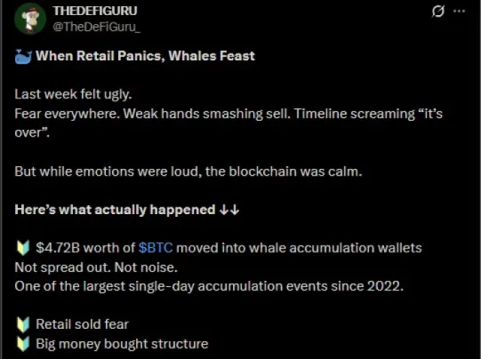 THEDEFIGURU's X post highlighting the most recent Bitcoin whale buys.