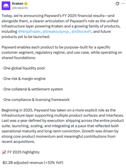 Kraken X publica el anuncio de los ingresos de Payward 2025.