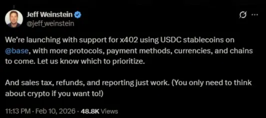 Jeff Weinstein announcing the x402 model.