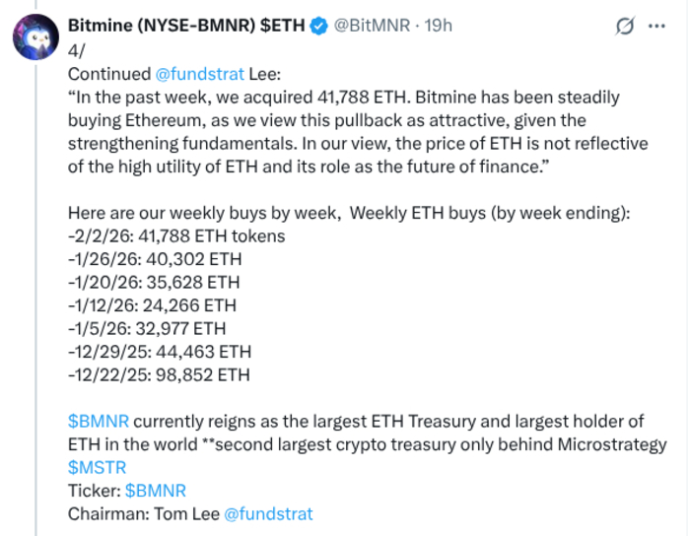 X post quote Tom Lee on the state of $ETH.